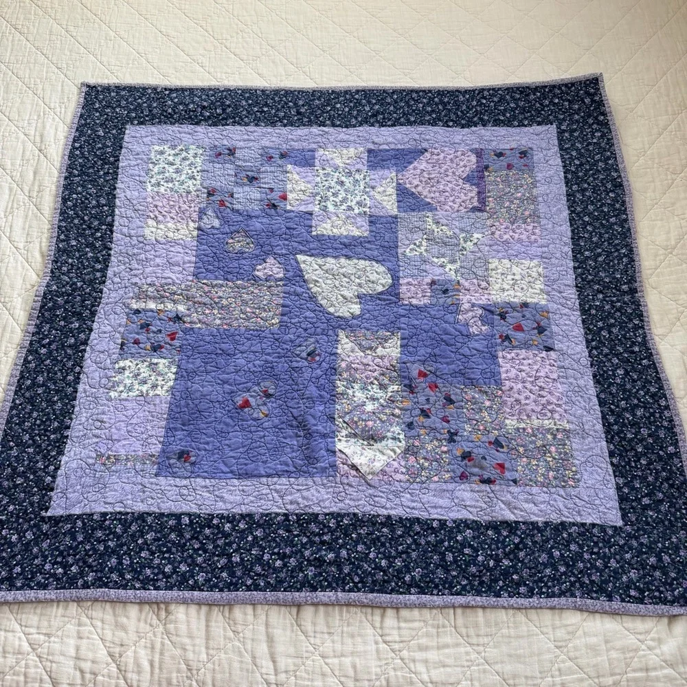 Handmade Patchwork Quilt Wall Hanging 36”x33” | Hearts Appliqué |  CA 2008